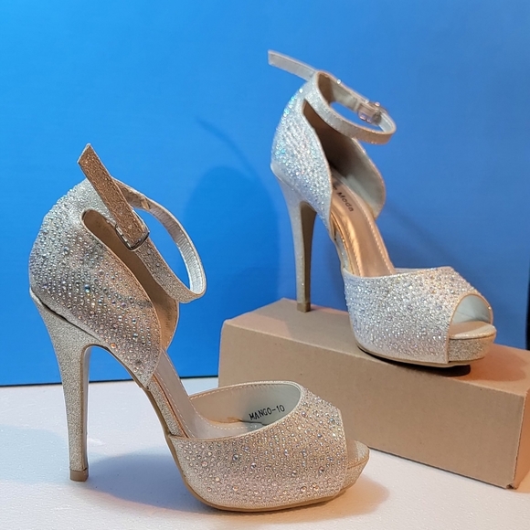 Top Moda Size 5 Formal Evening Party Ankle Strap High Heel Peep Toe Glitter - Picture 10 of 11